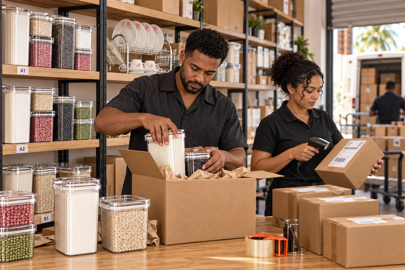 A retail team verifying and packing products before dispatch
