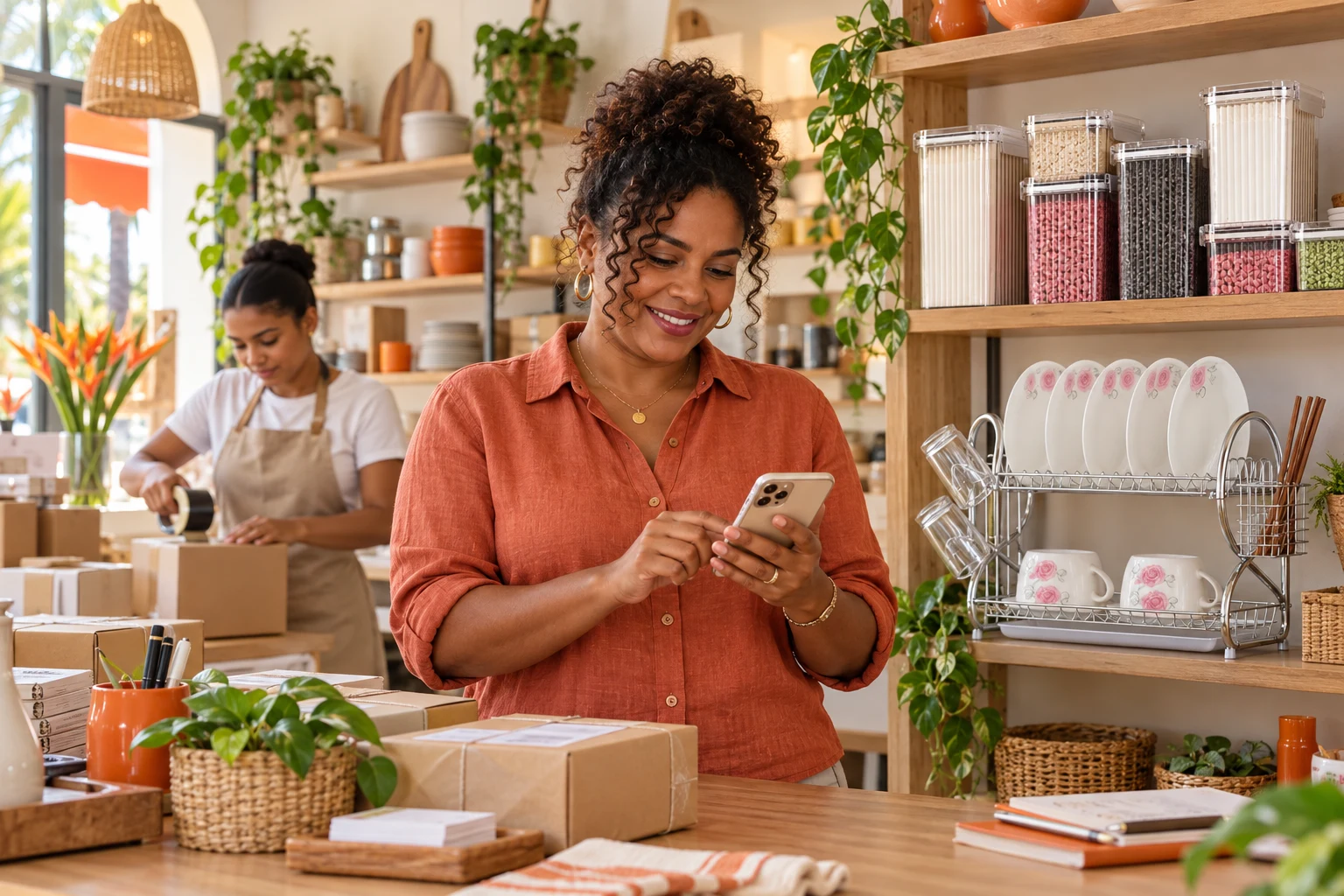 A business owner handling a sale while her team prepares real products for dispatch