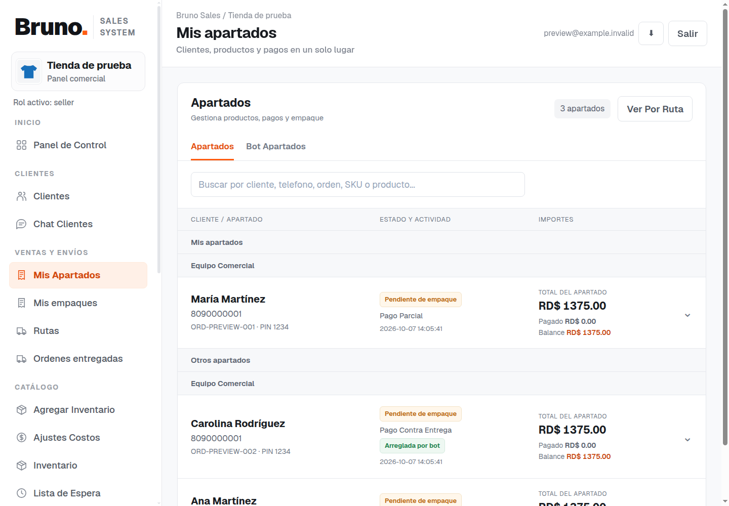Bruno Sales Order Manager interface with sample data