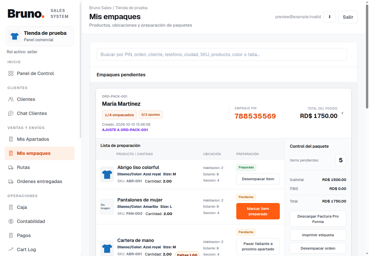 Bruno Sales Fulfillment Manager interface with sample data