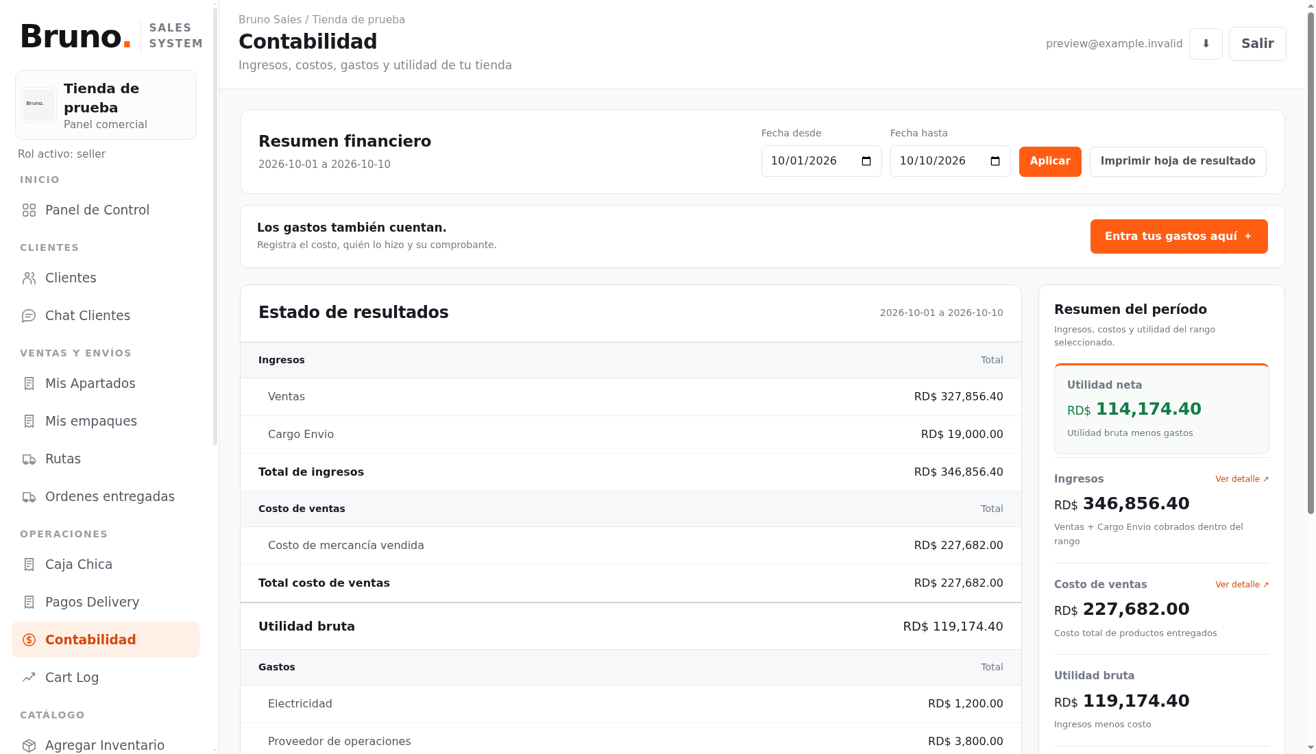 Bruno Sales Accounting Manager interface with sample data