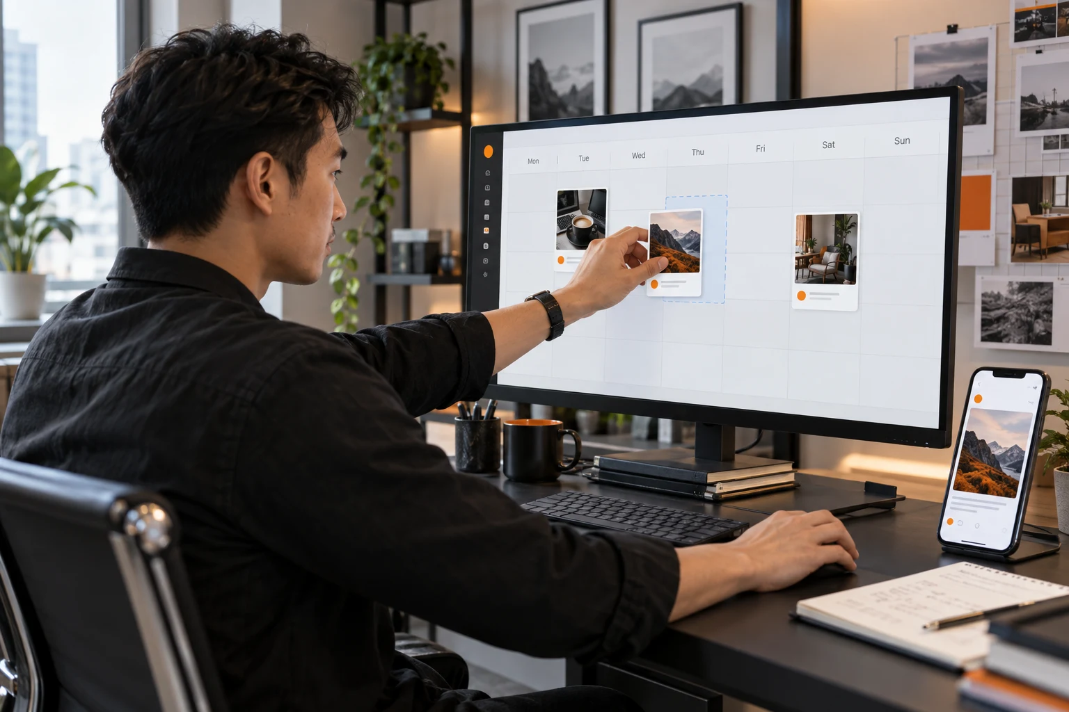 A business owner organizing social media content on a large calendar screen